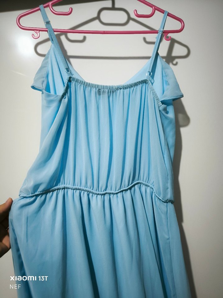 Mavi Fırfırlı Uzun Askılı Elbise - Görsel 5