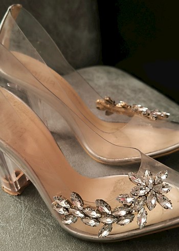 Bej Parlak Cam Stiletto Taşlı Kadın Abiye Ayakkabı - Görsel 2