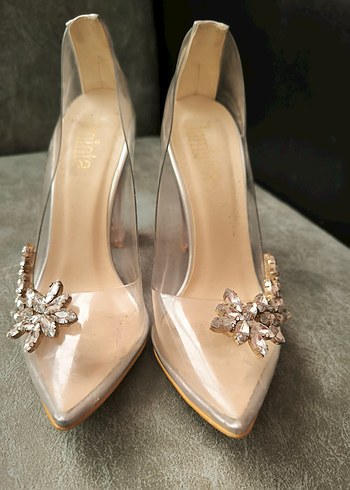 Bej Parlak Cam Stiletto Taşlı Kadın Abiye Ayakkabı - Görsel 6