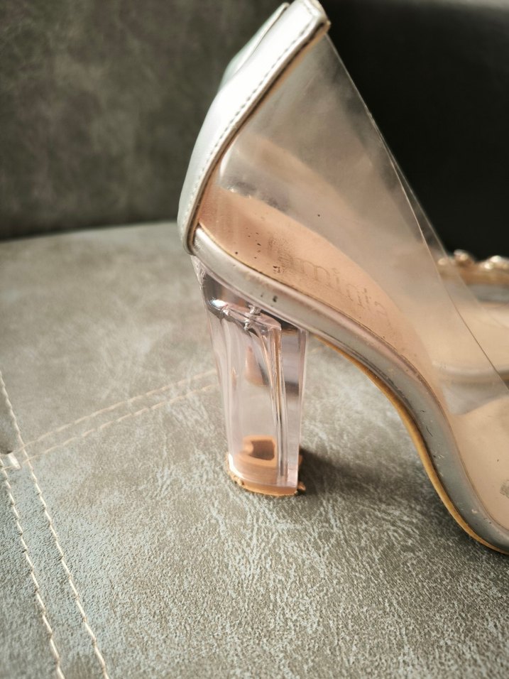 Bej Parlak Cam Stiletto Taşlı Kadın Abiye Ayakkabı - Görsel 3