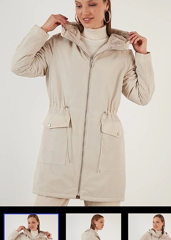 ONLY Kadın Ekru Peluş Detaylı Midi Kaban - Görsel 3