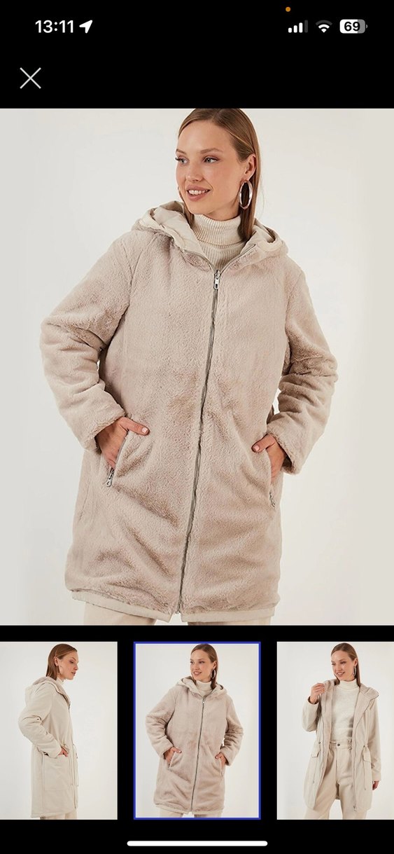 ONLY Kadın Ekru Peluş Detaylı Midi Kaban - Görsel 2