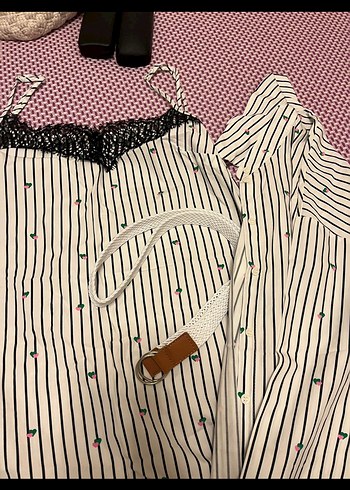 Twist Kadın Gri Beyaz Çizgili Mini Gömlek Elbise - Görsel 2