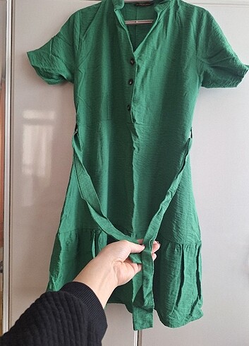 s Beden yeşil Renk Yeşil Keten Elbise