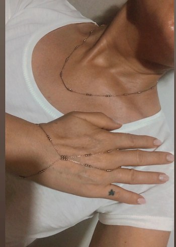 Bej Zincir Detaylı Kadın El Zinciri ve kolyesi - Görsel 3