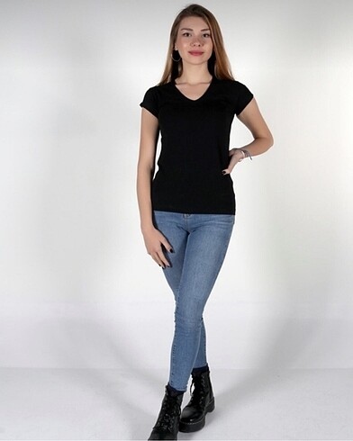 Diğer Siyah V Yaka Kısa Kol Basic Body Badi