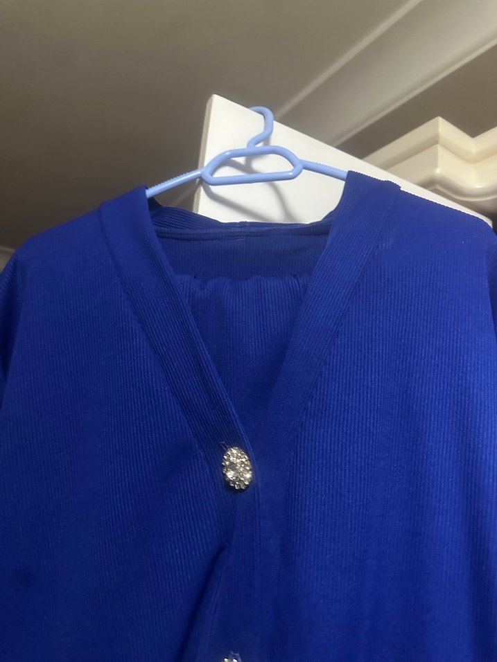 Düğmeli Mavi Uzun Kadın takım - Görsel 3