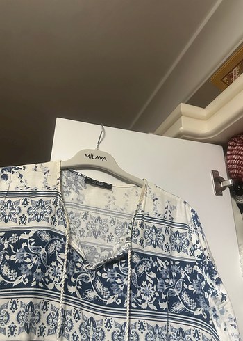 Bohem V Yaka Uzun Kollu Mavi Elbise - Görsel 3