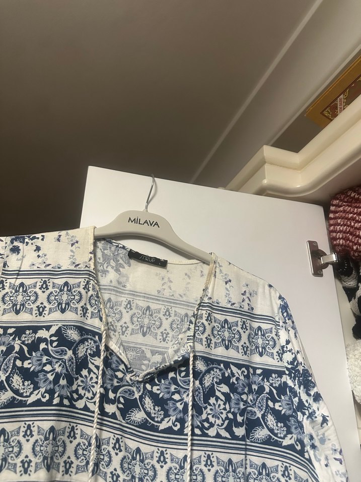 Bohem V Yaka Uzun Kollu Mavi Elbise - Görsel 3