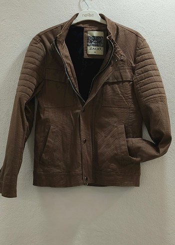 Düğmeli Kahverengi Biker Deri Ceket - Görsel 3