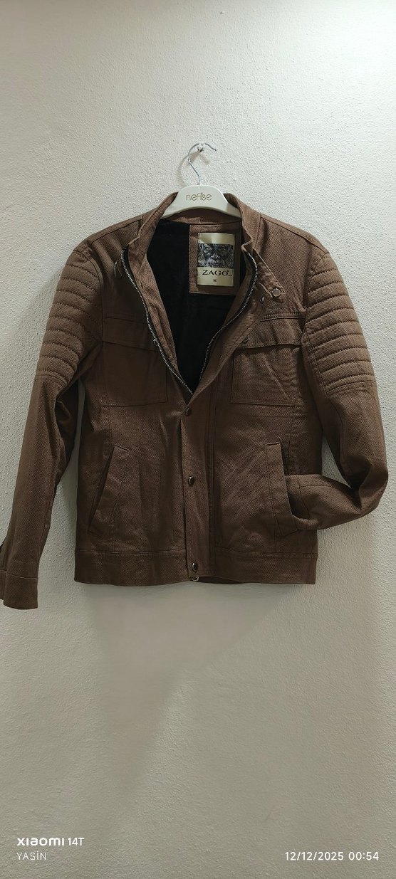 Düğmeli Kahverengi Biker Deri Ceket - Görsel 3