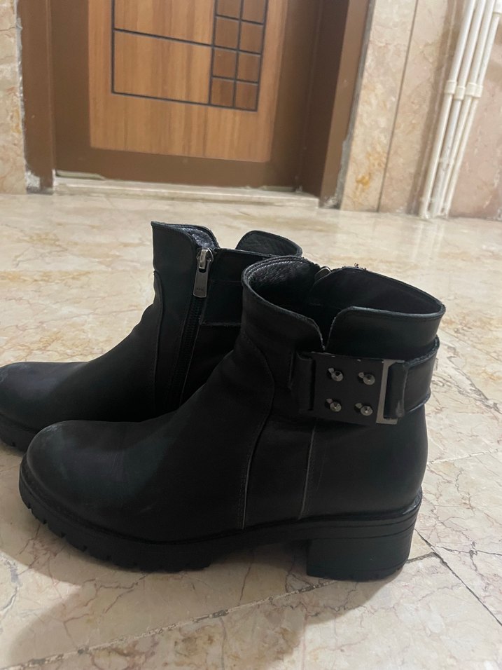 Kadın Siyah Deri Tokalı Biker Bot - Görsel 3