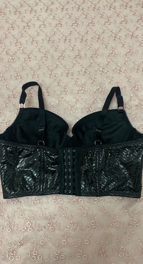 Deri Siyah Yılan Desenli Strappy İthal Büstiyer - Görsel 3