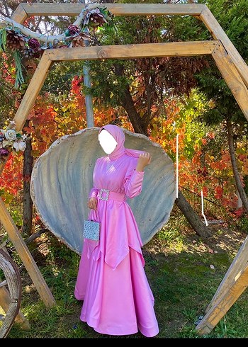 Abiye Pembe Drapeli Uzun Tesettür Abiye Elbise