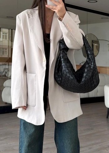 Düğmeli Bej Keten Kadın Blazer Ceket - Görsel 4