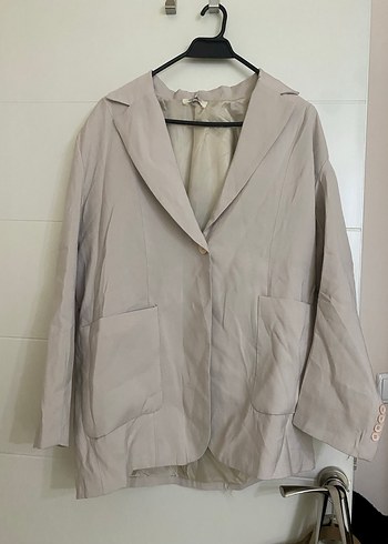 Düğmeli Bej Keten Kadın Blazer Ceket - Görsel 2