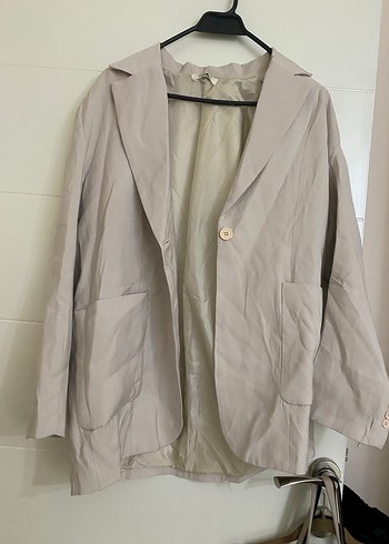 Düğmeli Bej Keten Kadın Blazer Ceket - Görsel 3