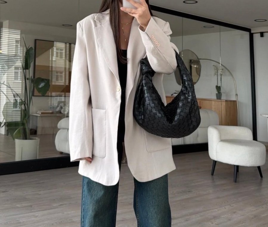 Düğmeli Bej Keten Kadın Blazer Ceket - Görsel 4