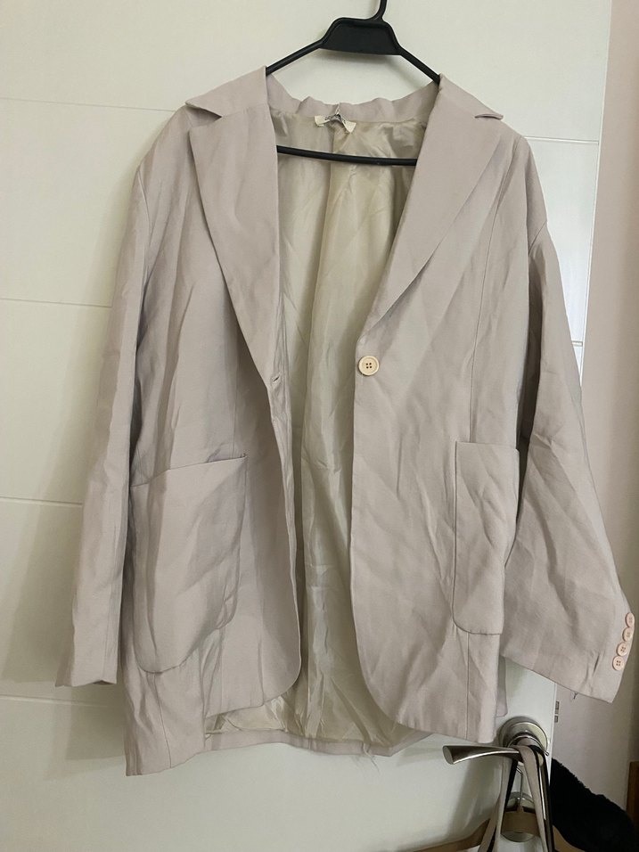 Düğmeli Bej Keten Kadın Blazer Ceket - Görsel 3