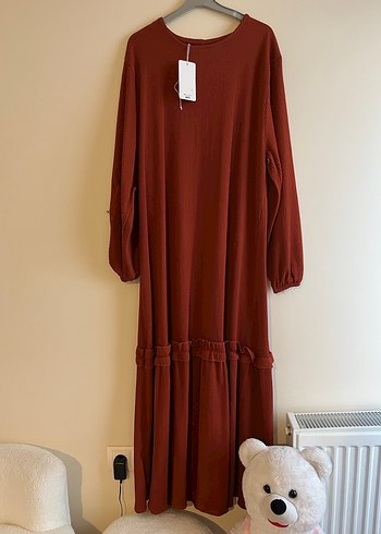 Bordo Uzun Kollu Pilili Keten Elbise - Görsel 3