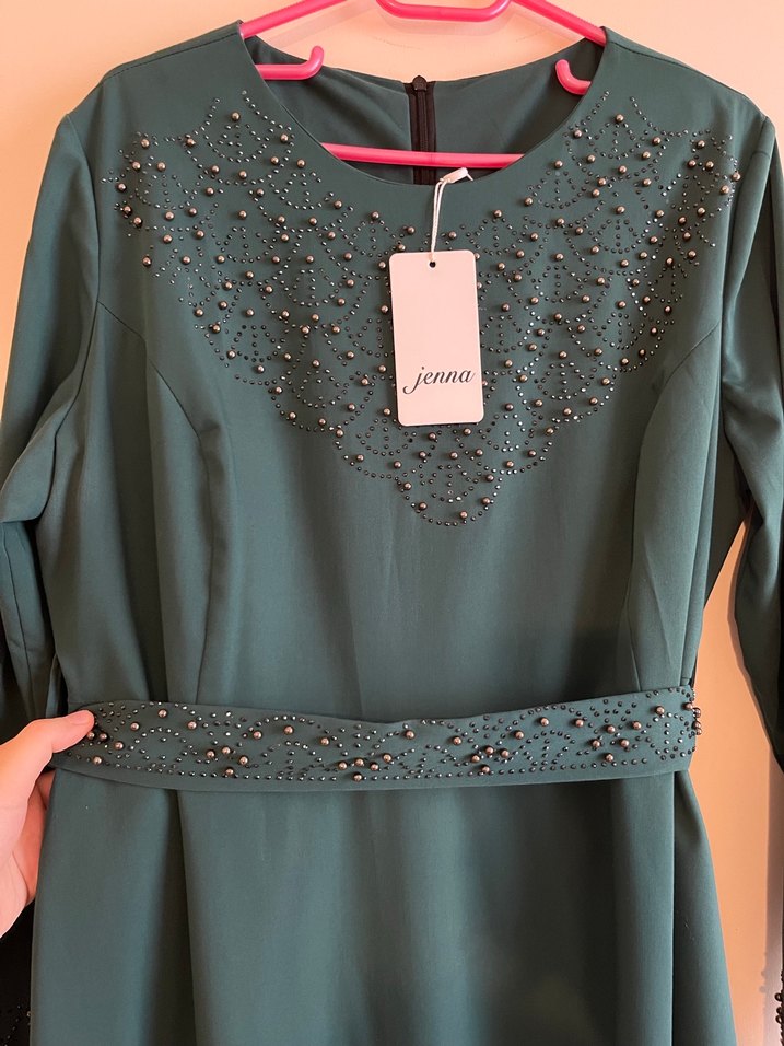 Boncuk İşlemeli Turkuaz Uzun Elbise - Görsel 2