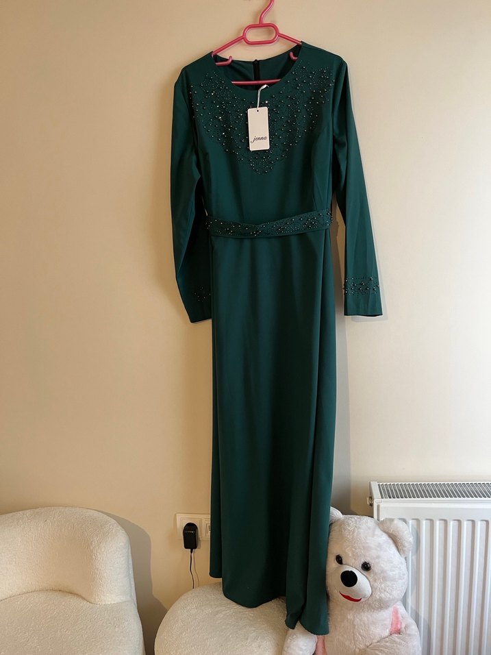 Boncuk İşlemeli Turkuaz Uzun Elbise - Görsel 3