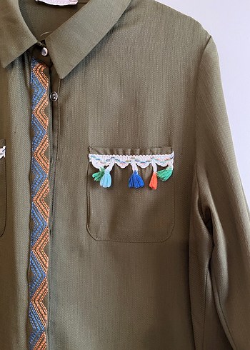 Düğmeli Nakışlı Uzun Haki Bohem tunik - Görsel 2