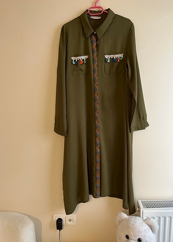 Düğmeli Nakışlı Uzun Haki Bohem tunik - Görsel 3