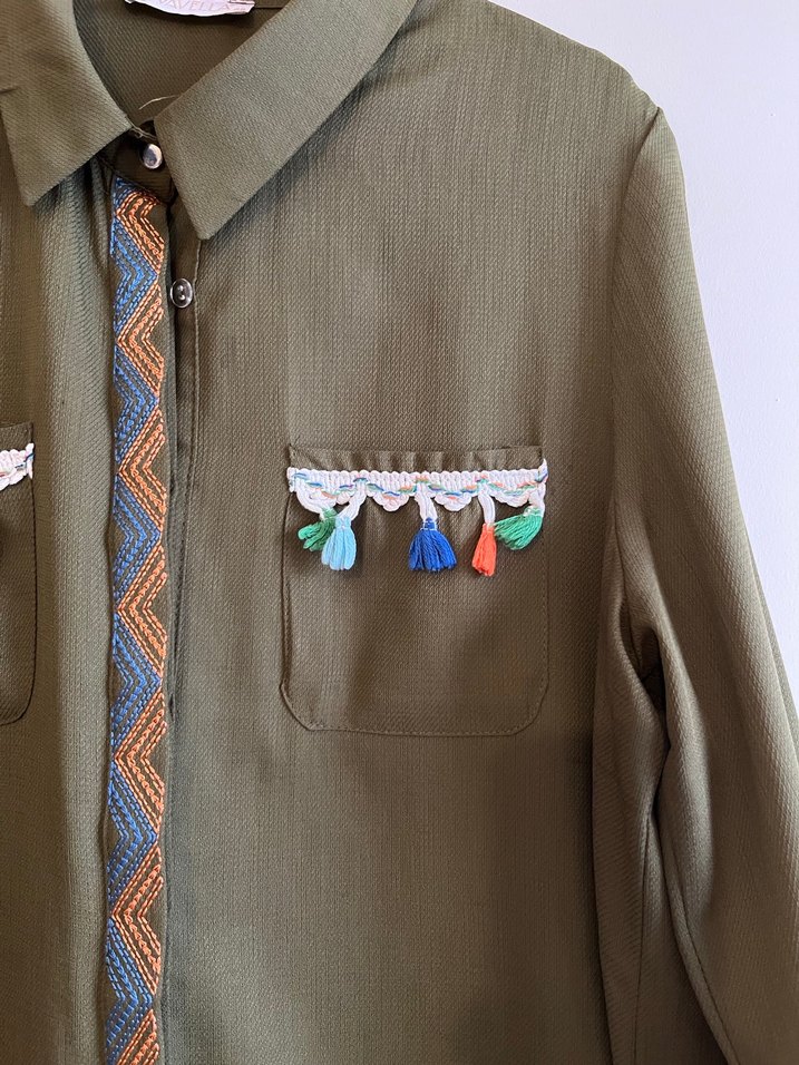 Düğmeli Nakışlı Uzun Haki Bohem tunik - Görsel 2