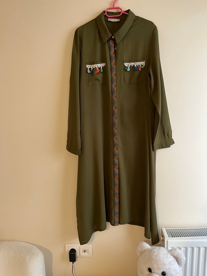 Düğmeli Nakışlı Uzun Haki Bohem tunik - Görsel 3