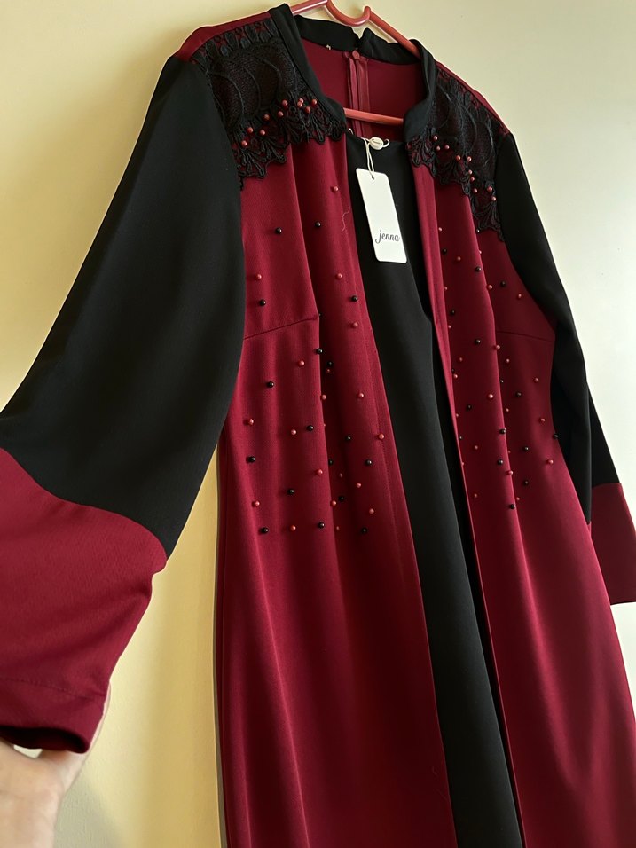 Boncuk İşlemeli Bordo Uzun elbise - Görsel 3