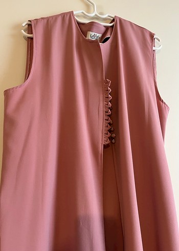 Düğmeli Pembe Uzun  Yeleği - Görsel 3