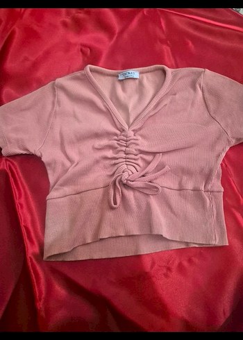 Pembe V Yaka Kısa Kollu Crop - Görsel 2