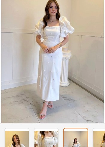 Kare yaka Maxi boy inci detaylı beyaz elbise - Görsel 2