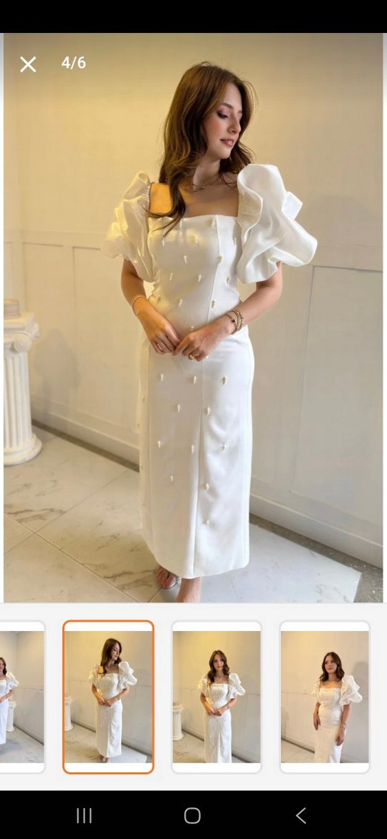 Kare yaka Maxi boy inci detaylı beyaz elbise - Görsel 3