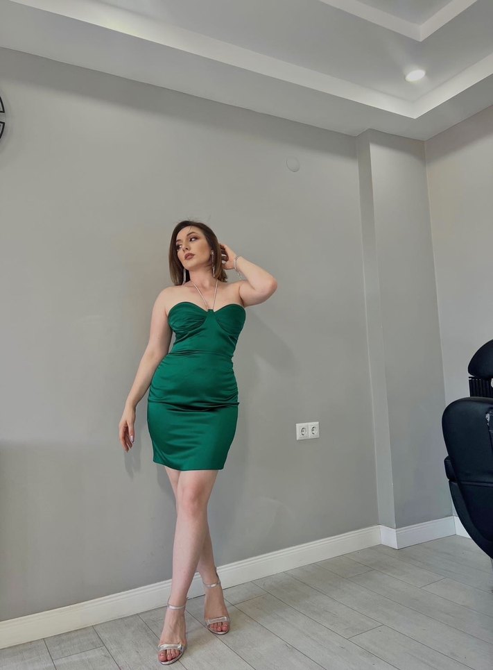 Yeşil Drapeli Straplez Midi Abiye - Görsel 2