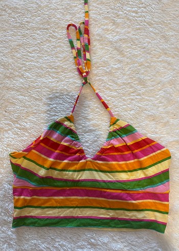 Renkli Çizgili Halter Yaka Crop Top
