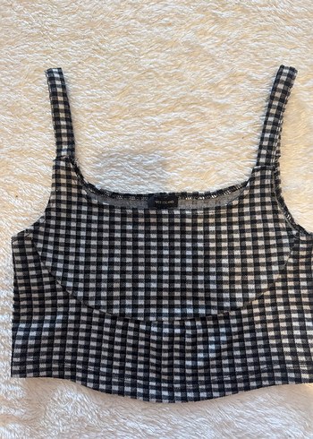 Kadın Siyah Kareli Askılı Crop Top