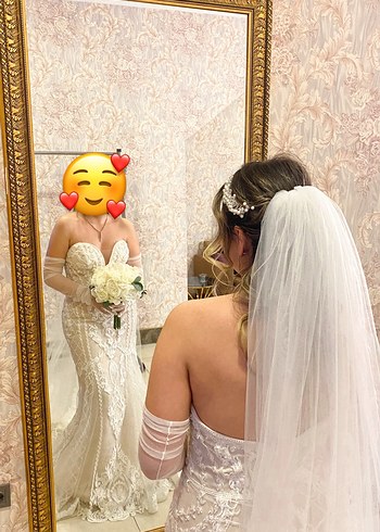 40 Beden beyaz Renk Bohem Dantel Balık Gelinlik ve Duvağı