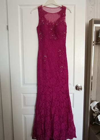 Dantel Detaylı Fuşe Pembe uzun Abiye Elbise - Görsel 6