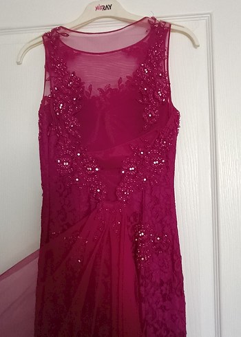 Dantel Detaylı Fuşe Pembe uzun Abiye Elbise - Görsel 5