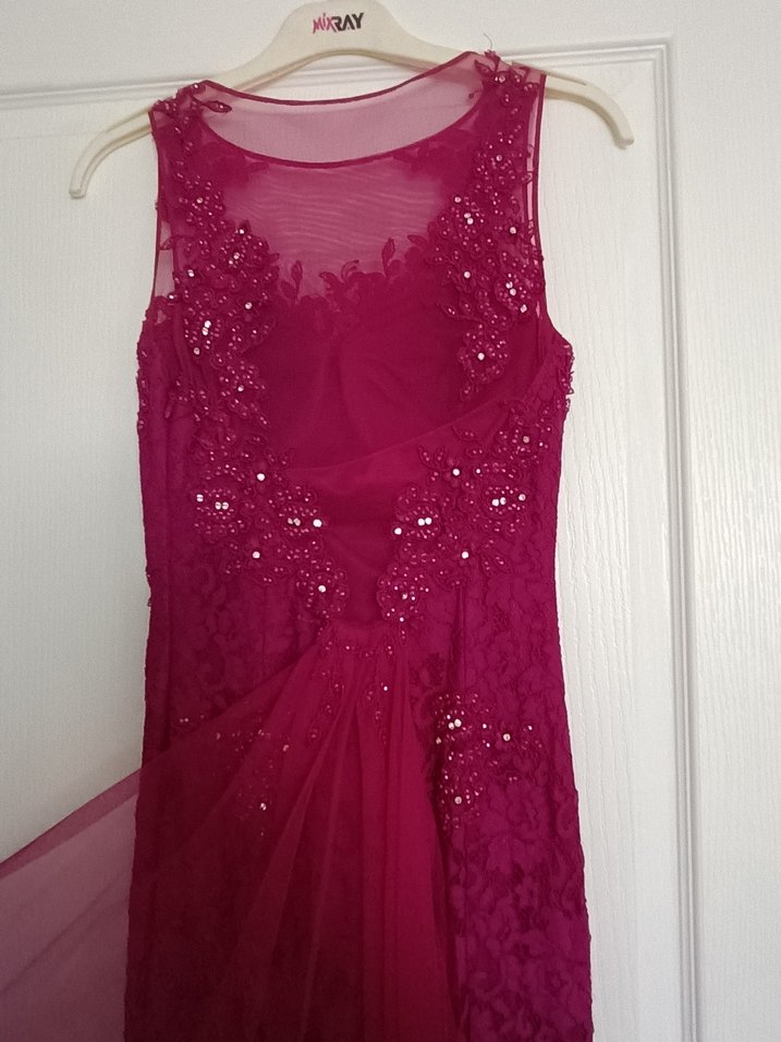 Dantel Detaylı Fuşe Pembe uzun Abiye Elbise - Görsel 5