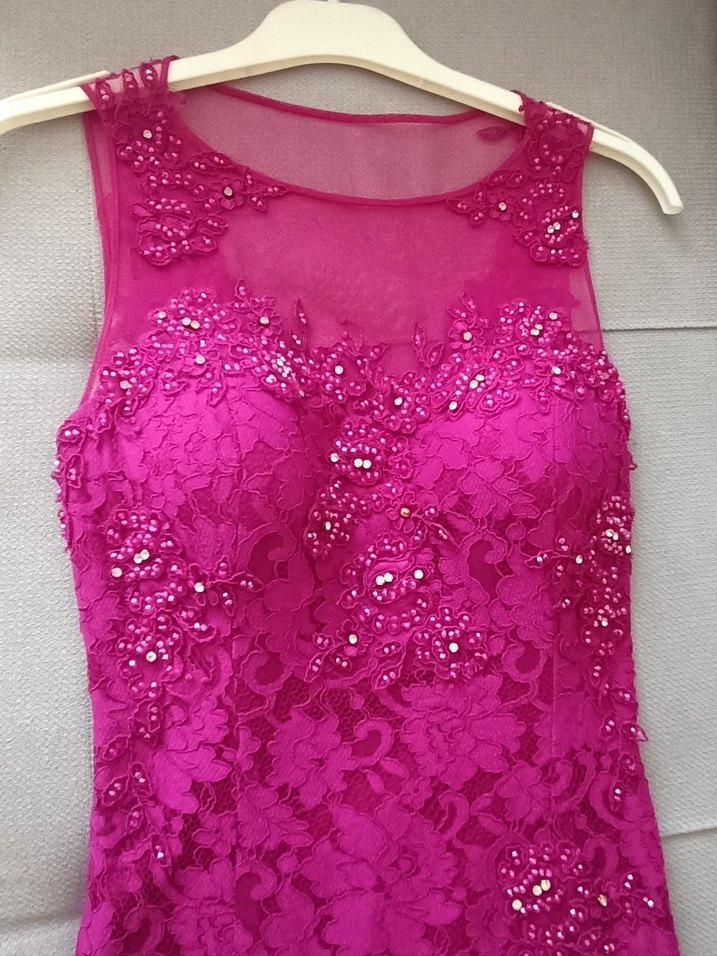 Dantel Detaylı Fuşe Pembe uzun Abiye Elbise - Görsel 2