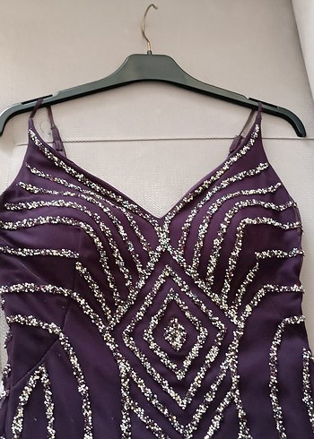 Koyu Mor İşlemeli Boncuklu Uzun Abiye Elbise - Görsel 5