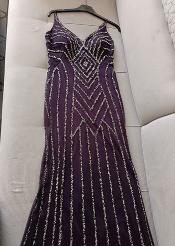 Koyu Mor İşlemeli Boncuklu Uzun Abiye Elbise - Görsel 6