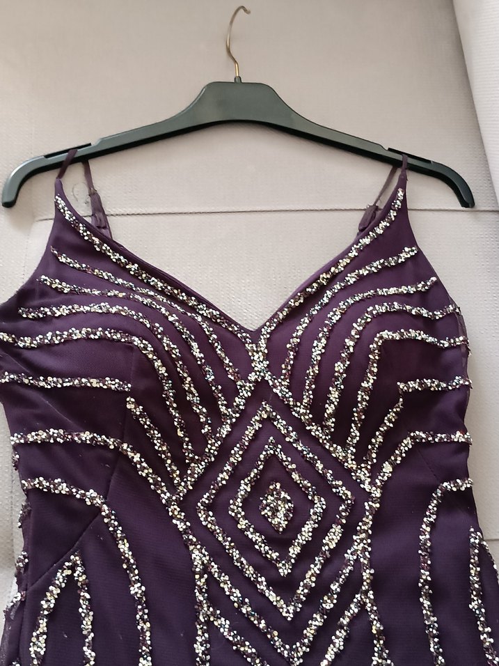 Koyu Mor İşlemeli Boncuklu Uzun Abiye Elbise - Görsel 5