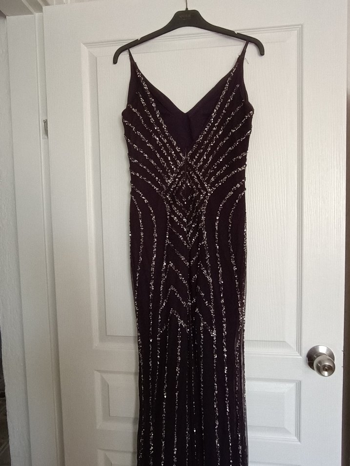 Koyu Mor İşlemeli Boncuklu Uzun Abiye Elbise - Görsel 2