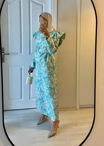 Turkuaz Bağlamalı Uzun Kollu Tesettür Elbise - Görsel 3