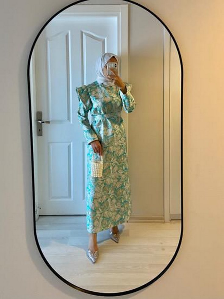 Turkuaz Bağlamalı Uzun Kollu Tesettür Elbise - Görsel 2