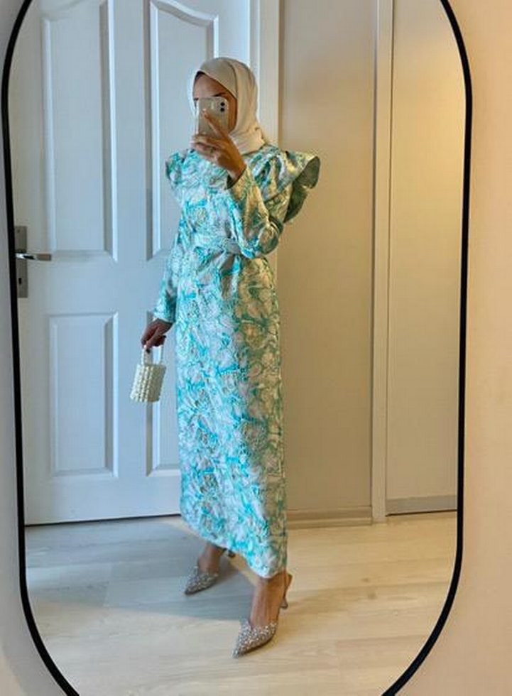 Turkuaz Bağlamalı Uzun Kollu Tesettür Elbise - Görsel 3